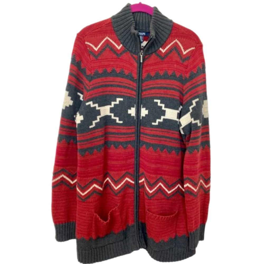 CHAPS DENIM Mens ski sweater Red SZ LG - Pockets Zip-up - cotton blend
